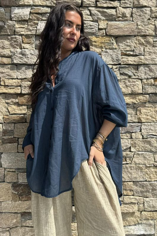 Shayle Indian Cotton Boyfriend Beach Shirt Navy